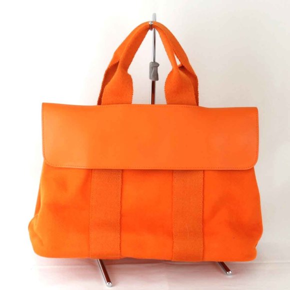 HERMES Valparaiso PM □P engraved handbag leather/canvas orange ladies - Picture 1 of 10